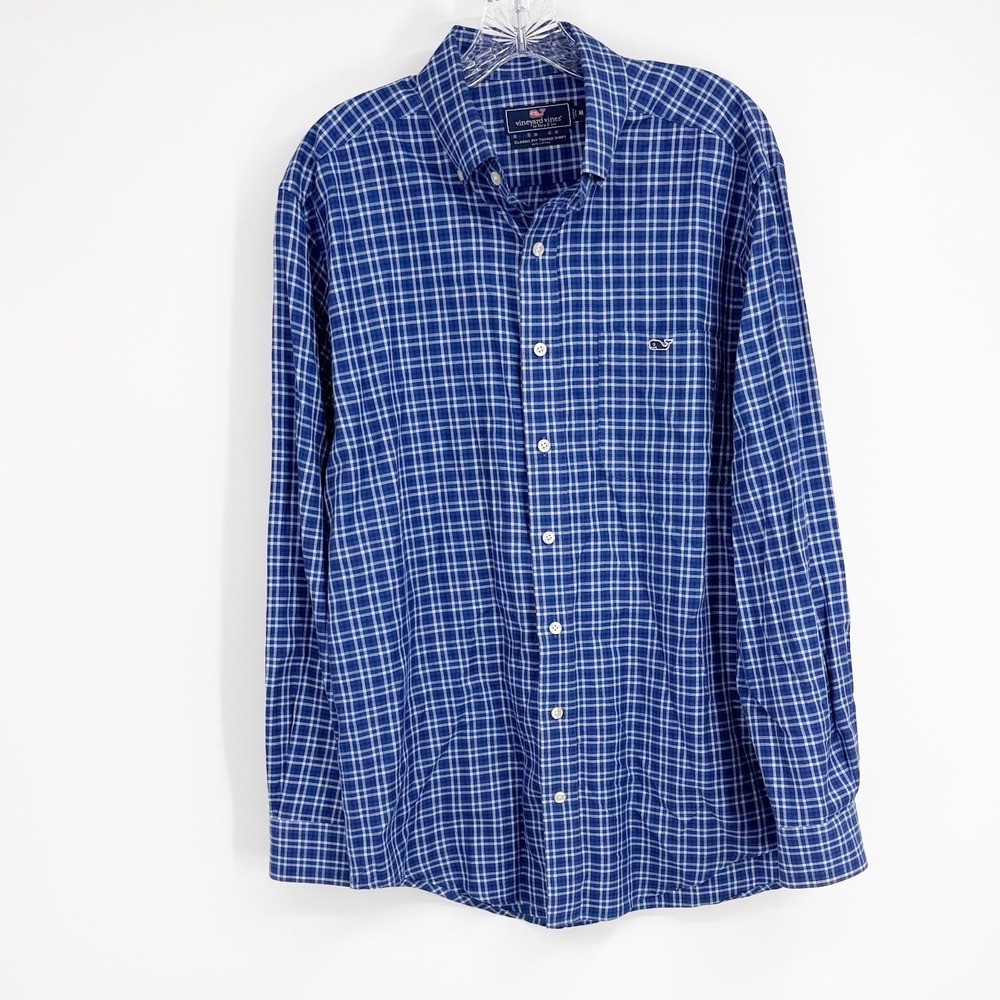 Vineyard Vines Classic Fit Tucker Shirt Mens Medium Blue Plaid Whale Logo Cotton
